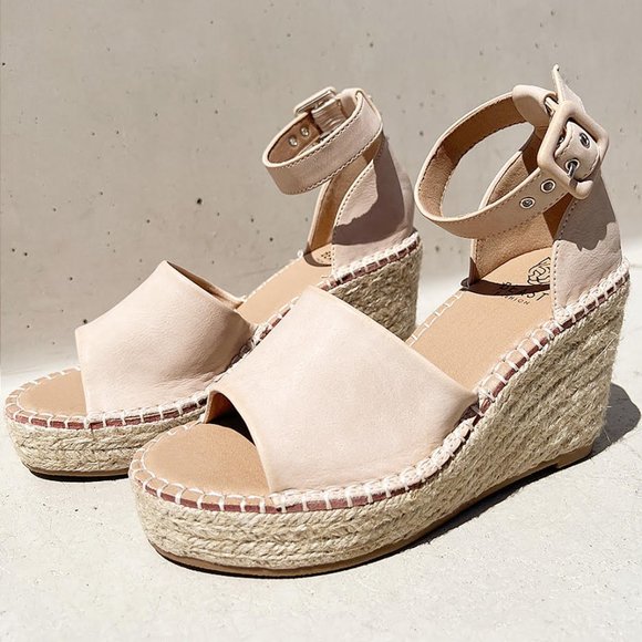 NEW Sand Nude Faux Leather Ankle Buckle Strap Espadrille Platform Wedge Sandals - Picture 4 of 13